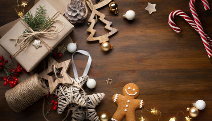 Wall Mural - .christmas greeting card background with christmas gift, cookie and handmade decoration, top view, c