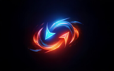 Poster - A glowing abstract design composed of two arrows in opposite directions with blue and red flames swirling around them on a black background.