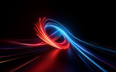 Poster - Two neon rings of red and blue light spin and twist on a dark background, creating streaks of light across the surface.
