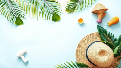 Summer mockup photo frame with a vibrant straw hat and tropical leaves, flat lay, tropical vibes