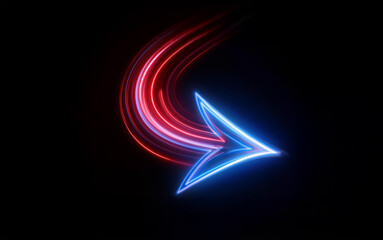 Fototapete - A blue neon arrow with a red neon trail against a black background.
