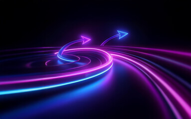 Fototapete - Two glowing neon arrows point in opposite directions as they travel along a swirling path of light on a black background.