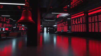 Stock market floor, red lighting interior