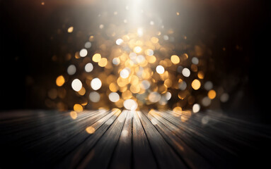 Poster - A dark wooden floor with a bright light shining from above, creating a bokeh effect of golden and white circles.