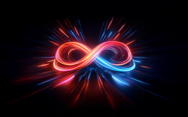 Poster - A glowing red and blue infinity symbol surrounded by a burst of light streaks against a dark background.