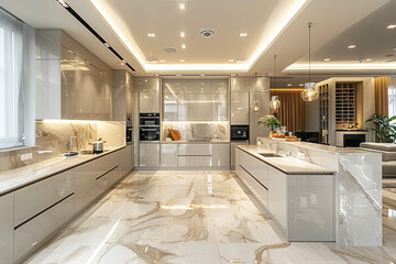 Kitchen European modern style interior design in white with neon lighting lamps.