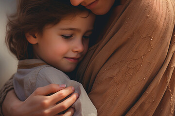 Wall Mural - Mother hugging the child with a hug full of love, in an emotional celebration of Mother's Day.