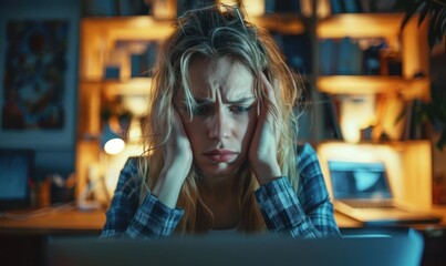 woman who feels a headache while working on a computer in office