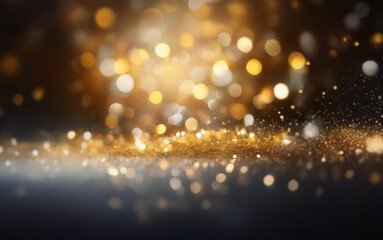 Poster - A dark background with a layer of shimmering gold glitter, with a blurry backdrop of golden lights.