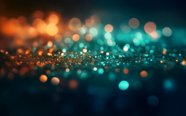 Fototapete - Abstract background with glowing teal and orange bokeh lights against a dark backdrop.