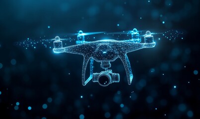 Abstract depiction of a drone with action video camera against a dark blue backdrop, characterized by lines and dots forming a polygonal low poly structure