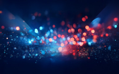 Aufkleber - A dark background with a blurred and slightly out of focus image of red and blue lights in a bokeh effect.
