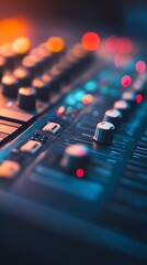 Close-up of audio mixing console with illuminated buttons and faders, bathed in vibrant blue and orange lights, creating a moody atmosphere in a music studio.