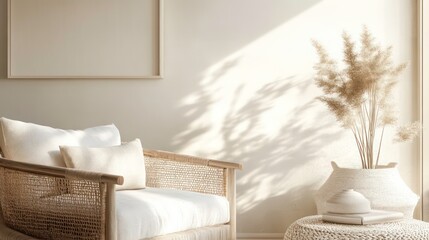 Poster - A serene interior scene featuring a cozy chair and decorative plants in soft lighting.
