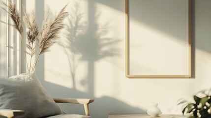 Poster - A close-up photo of a mockup frame depicting a coastal interior background, a light pastel-colored room, rendered in 3D