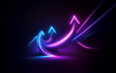 Two glowing neon arrows point upward, one blue and one purple, with light trails streaking through a dark background.