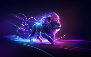 Poster - A majestic lion with glowing neon mane and tail running across a dark background.