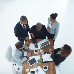 Poster - Laptop, paperwork and above of business people in office for meeting, discussion and planning. Corporate, professional and workers on computer for online research, financial review and collaboration