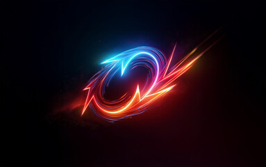 Two glowing arrows, one red and one blue, form a circular design against a black background.