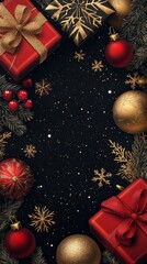 Wall Mural - festive christmas border with red and gold ornaments, wrapped gifts, and pine branches framing a sta