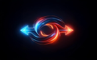 Fototapete - Two glowing arrows point in opposite directions, connected by a swirling, glowing orb of blue and red.