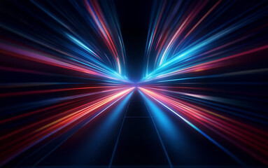 abstract streaks of red, blue, and white light converge in a symmetrical pattern against a dark back