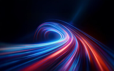 A swirling tunnel of light, red and blue streaks race towards a distant glow.