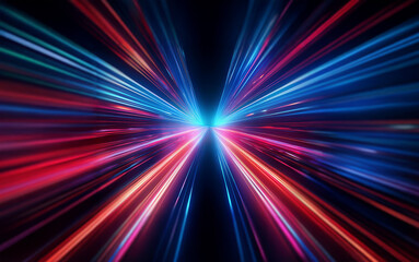 Poster - Abstract digital art of red and blue streaks of light converging in the center of a black background.