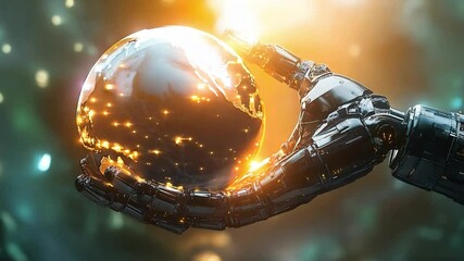 Future technology, robotic arm holding a globe, Three dimensional render of robotic hand holding glowing planet earth	
