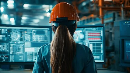 Back view of woman industrial engineer in safety helmets standing, looking and check on high techno screen monitor computer and machinery. Industry, metaverse machine engine concept	