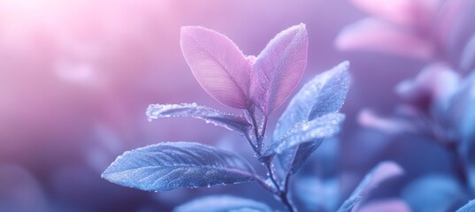 Wall Mural - Purple leaves with dewdrops on a blurred background, delicate floral background in retro style.