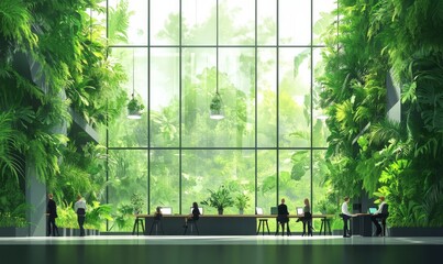 Green, sustainable and environmental office space with daily employee rush. Modern and nature friendly startup business with ESG standards and care for worker wellness and healthy environment