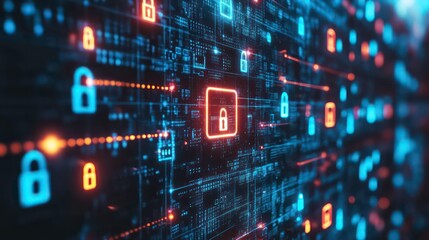 Poster - A digital representation of cybersecurity with padlocks and data streams.