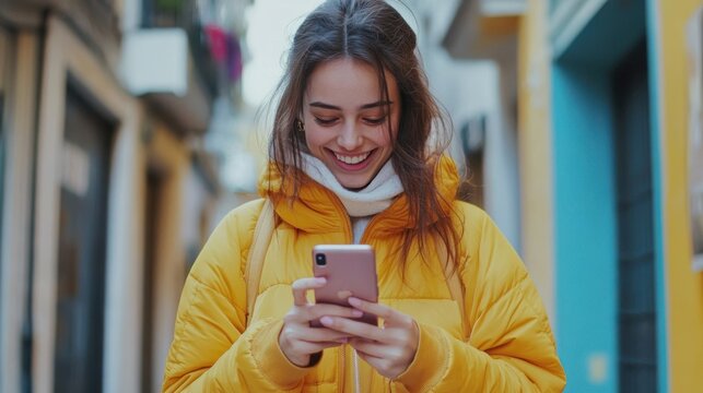 Cheerful young woman texting on her cell phone,