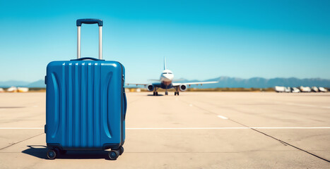 blue suitcase rests on the tarmac, with an airplane visible in the background, ready for travel