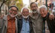 © Onchira - Happy group of senior people smiling at camera together outside - Delightful older friends enjoying day out walking on city street - Aged male and females pensioners hugging together outdoors