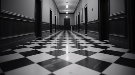 Poster - Checkered Marble Floor in Elegant Hallway