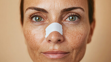 the face of a 50-year-old woman after rhinoplasty with a patch on her nose
