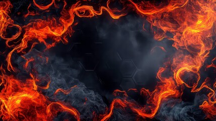 Poster - A fiery hexagonal frame against a dark background, suitable for graphic design or video overlays.