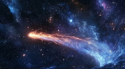 Wall Mural - Burning comet tail streaking across the night sky, surrounded by bright stars and deep nebulae generative ai
