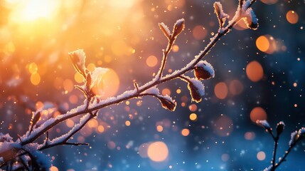 Poster - A snowy branch glistens in soft sunlight, creating a serene winter atmosphere.