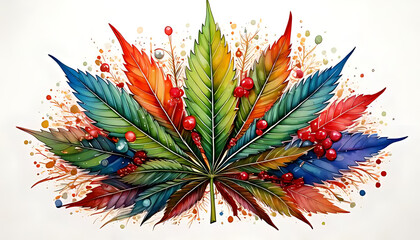 Wall Mural - colorful cannabis leaf features christmas decorations vibrant watercolor design set crisp white background