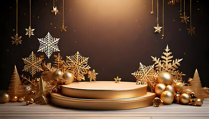 decorated podium features golden ornaments intricate snowflake designs festive holiday presentation