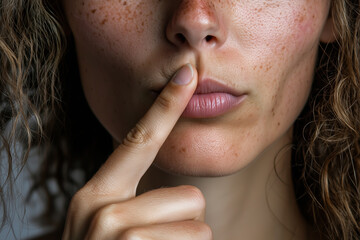 A woman with curly hair gently places one finger over her lips, signaling for silence. Her expression conveys sense of mystery and intrigue, inviting curiosity