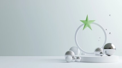 Poster - Modern minimalist design featuring a green star and geometric shapes on a softly lit background