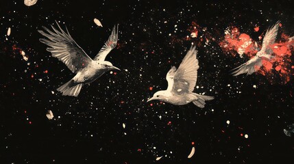 Aufkleber - Ethereal birds in flight against a cosmic backdrop, blending nature with abstract art.