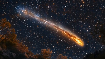 Wall Mural - Burning comet tail streaking across the night sky, surrounded by bright stars and deep nebulae generative ai