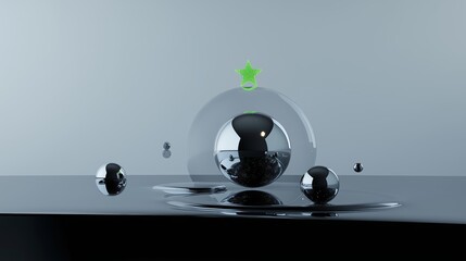Poster - Shiny spheres and bubbles reflecting light against a minimalistic gray backdrop during a calm indoor setting
