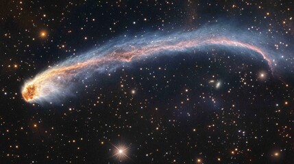 Wall Mural - Burning comet tail streaking across the night sky, surrounded by bright stars and deep nebulae generative ai