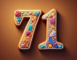 Decorated cookie, number 71, image for birthday or anniversary celebration